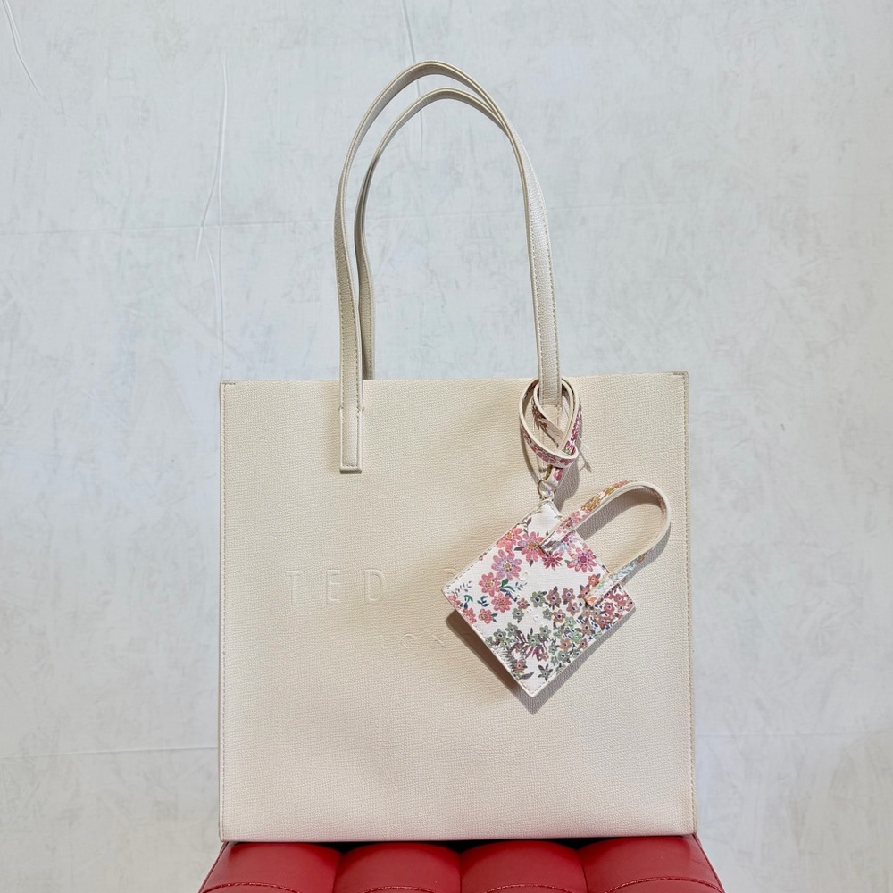 NWT Ted Baker London Cream Icon Tote Bag Embossed Logo Floral Card Case Charm
